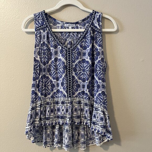 PATRONS OF PEACE Woman’s Sleeveless V Neck Tiered High Low Whimsy Blue Boho Sz L - Picture 1 of 7